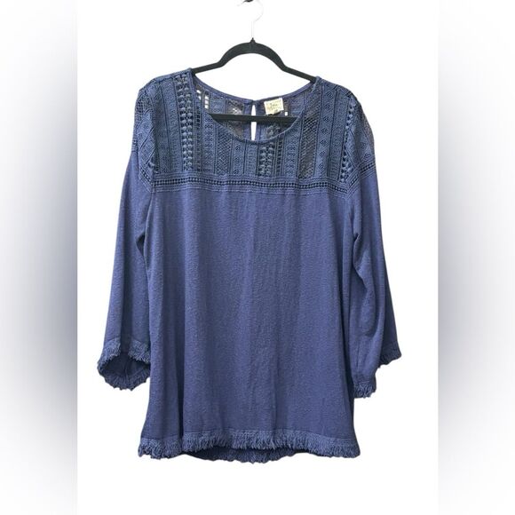 Navy Lightweight Sweater Crochet & Fringe - Picture 1 of 8